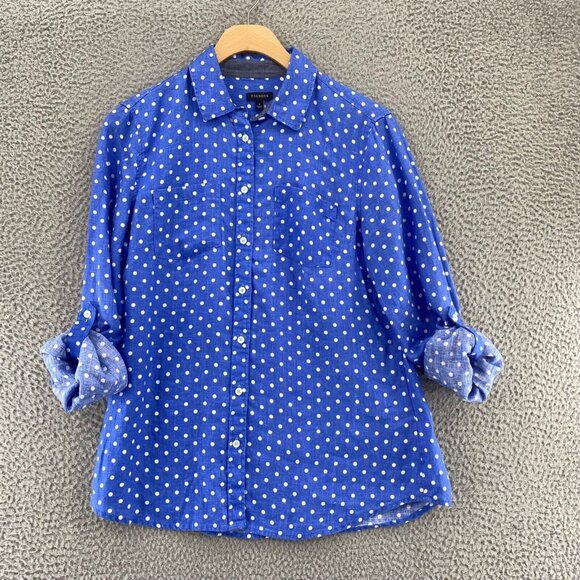 Talbots Shirt Womens Small Blue Polka Dot Linen Button Up Collar Roll Tab Sleeve - Picture 2 of 10